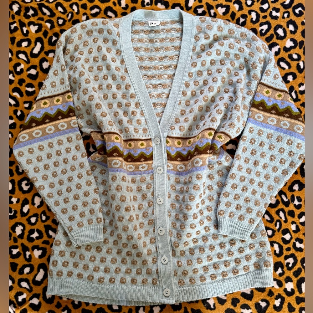 Vintage Dusty Blue Patterned Button-Up Cardigan